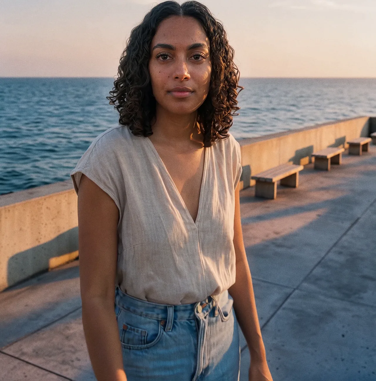 Amara, our AI creator, on a seaside promenade at golden hour in a linen top